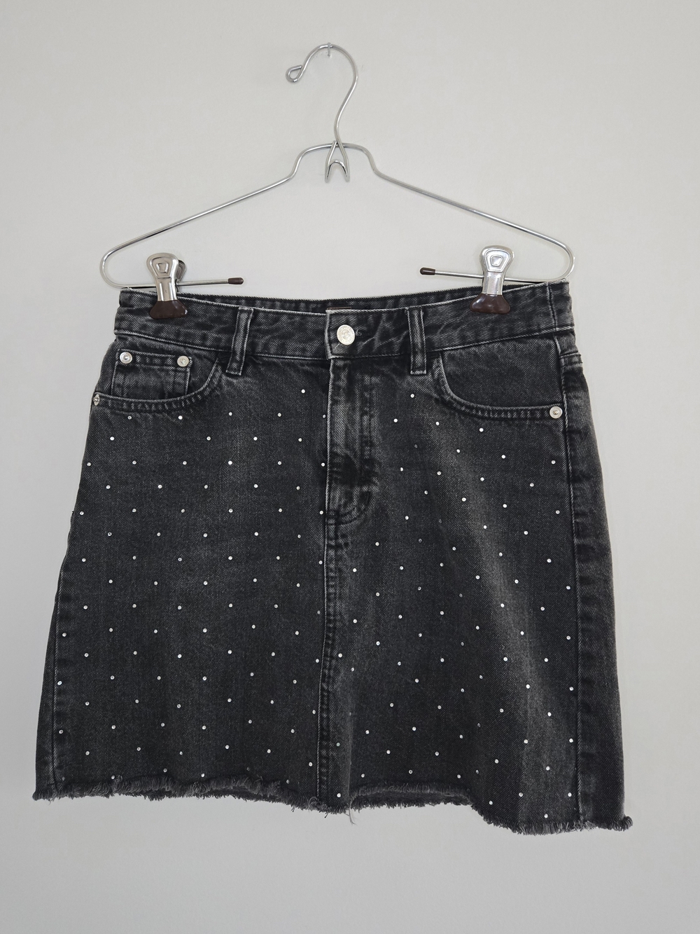 F&F Black Studded Denim Mini Skirt with Raw Hem